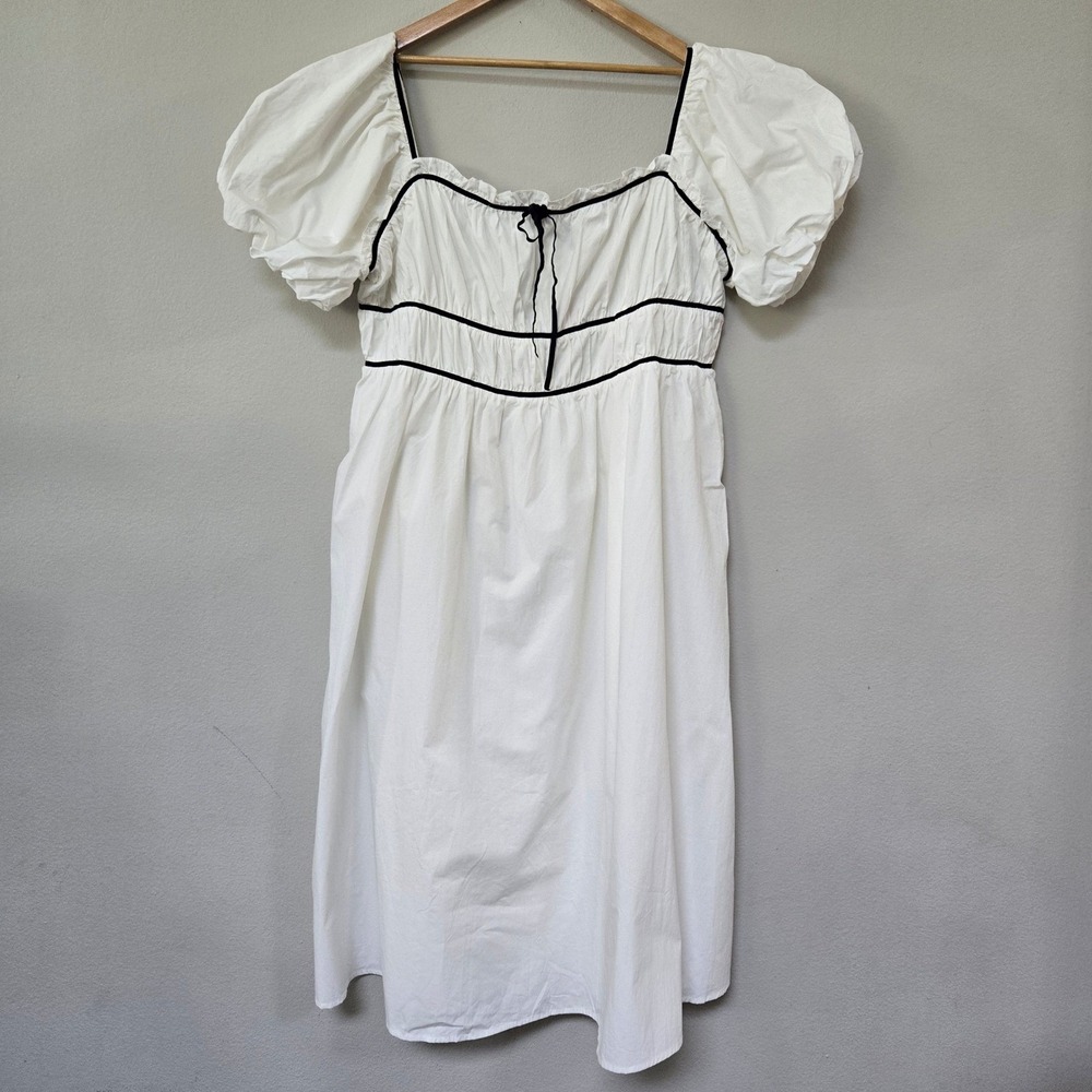 Morning Lavender Dress Women 3XL White Milkmaid Puff Sleeve Black Trim Midi Boho